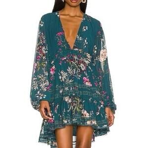 Free People Floral Hi-Low Mini Dress Emerald V-Neck Balloon Sleeve Ruffle XS